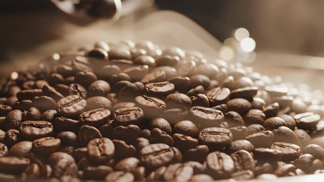 Close-up shot of dark roasted coffee beans with steam rising, highlighting their rich color and texture. The warm, inviting atmosphere suggests freshness and quality.