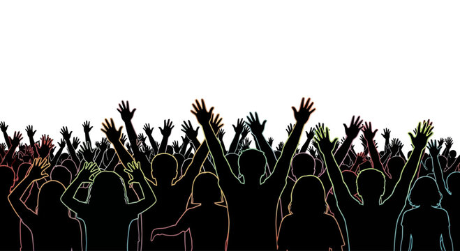 People raising hands in celebration crowd.