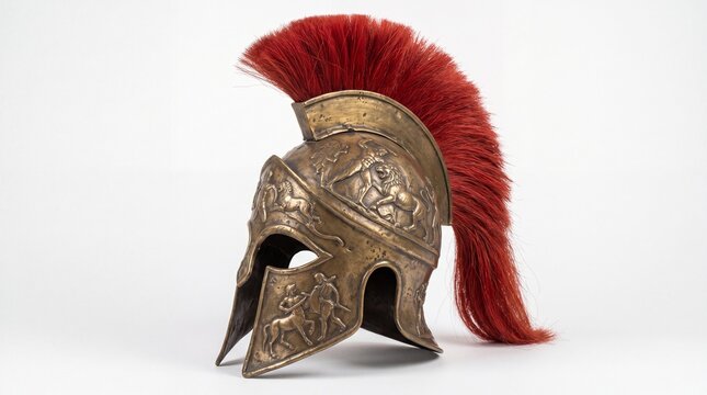 A highly detailed bronze ancient spartan warrior helmet featuring a prominent red crested plume