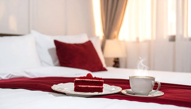 Red Velvet Cake Slice And Steaming Coffee Cup On Luxury Hotel Bed With White Linens And Warm Morning Sunlight