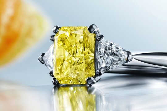 Exquisite radiant cut yellow diamond ring with trillion cut diamonds, platinum setting, and soft background.