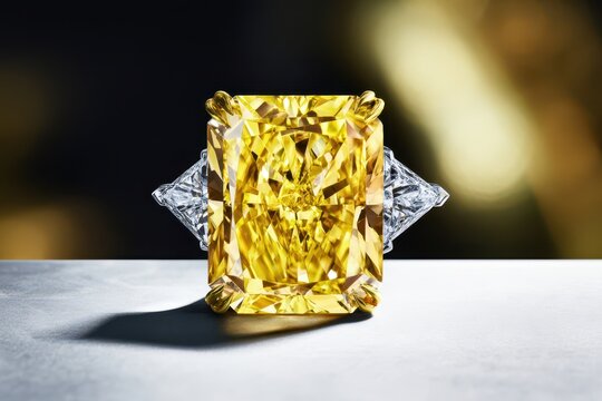 Exquisite radiant cut yellow diamond ring with triangular side stones, showcasing luxury and elegance.