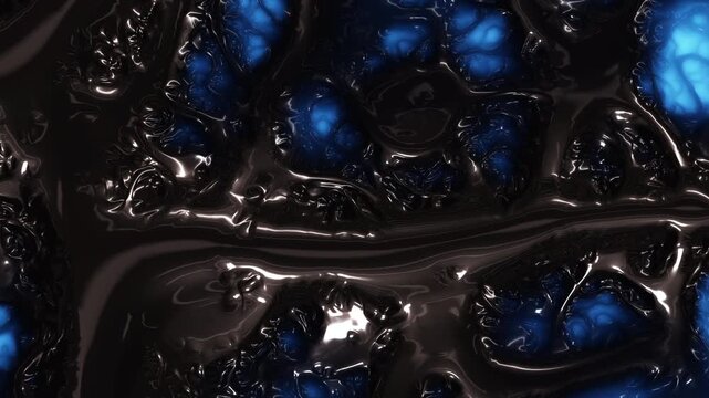 Macro footage of glossy black viscous liquid forming organic ripples and bubbles with deep blue highlights, creating a dark futuristic background for design and tech themes