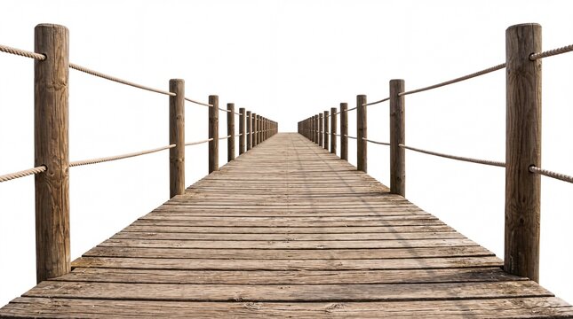 A rustic wooden bridge pathway leading into the distance with weathered posts and rope railings