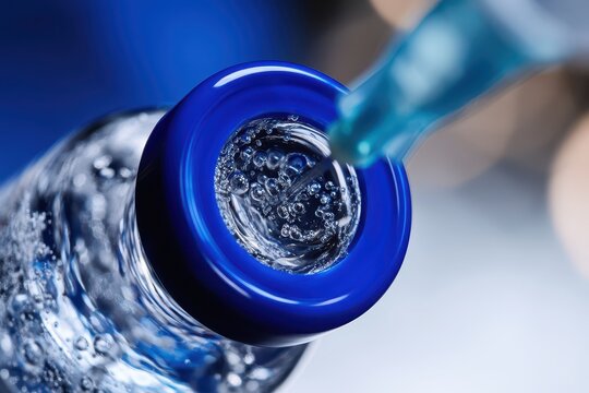 Close-up macro shot of a medical syringe needle injecting liquid into a glass vial with blue cap and bubbles.