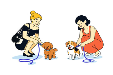 Fototapeta premium Pet owners crouching beside their dogs. Friendly lifestyle illustration isolated on white. Two women kneel near their small dogs in a gentle interaction scene focused on attention and care. 