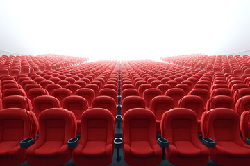 Obraz premium A packed movie theater with rows of empty red seats stretching towards a bright screen, awaiting an audience. The lighting is focused