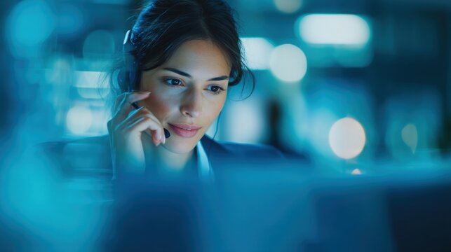 Woman using headset working with computer