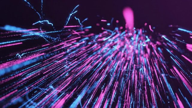 Abstract pink and blue glowing data flow with random luminous lines rising upward on dark navy background representing artificial intelligence digital streams innovation and network technology.