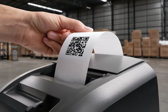 Hand holding a printed receipt with a QR code emerging from a thermal printer in a warehouse.
