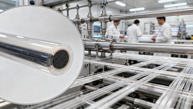 Coresheath conductive polymer filament production in a hightech facility emphasizing the layered structure designed for durability and multifunctional antistatic and sensor