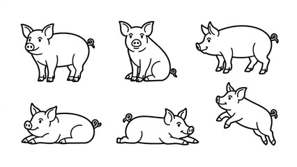 Obraz premium Cute Farm Pig Character Set Sitting, Standing and Walking Pigs Line Art Illustration Collection