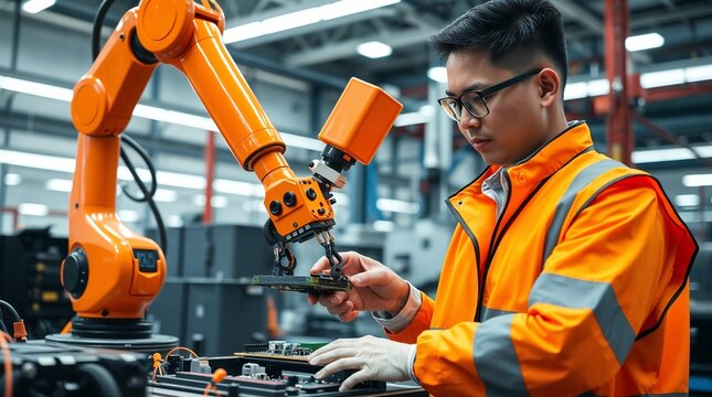 Human and AI Collaboration: Malay Engineer Working with Industrial Robot Arm in Modern Malaysian Factory for Labour Day