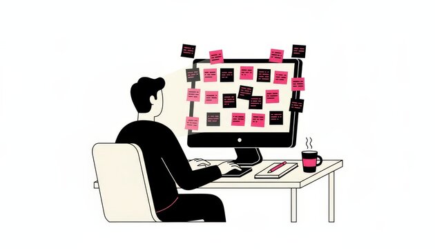Focused employee working on computer with sticky notes organizing tasks on screen