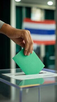 During a Thal election, a voter's hand places a ballot in a transparent box. At a polling place, a green envelope is placed with a blurry Thai flag in the backdrop.