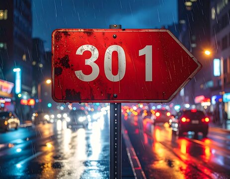Red Weathered Road Sign With Number 301 Pointing Right On A Rainy City Street At Night With Blurred Lights And Wet Asphalt Reflections