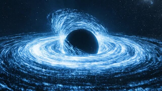 Abstract glowing blue fiber optic stream spiraling into a dark cosmic void or singularity, representing futuristic artificial intelligence data flow and digital energy in high-tech cyberspace.