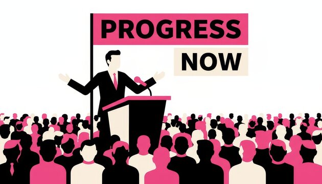 Illustration of a public speaker addressing a crowd demanding progress immediately now.