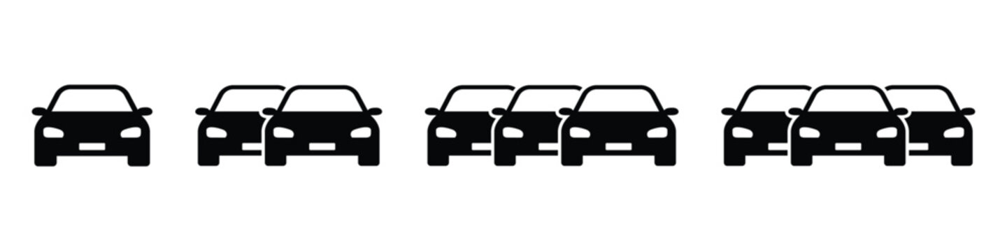 Car vehicles and highway traffic lanes with single, double, and triple parallel automobiles for transportation solid icon set