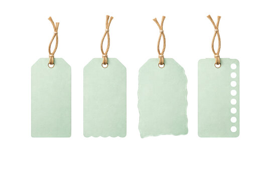 Four light green gift tags with twine string isolated on a transparent background