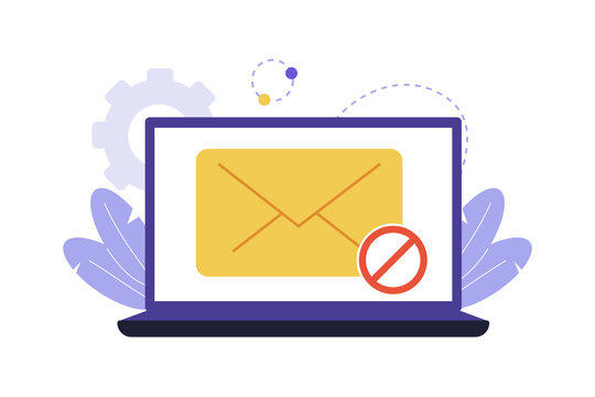 Illustration of Blacklisted Email Address and Blocked Message. A laptop screen displaying an email envelope with a red prohibited sign, representing a blacklisted or blocked sender and server