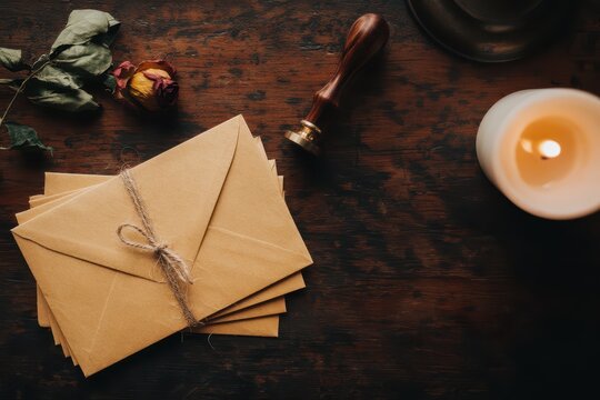 Vintage still life with envelopes, wax seal, dried rose, and candle on wooden table