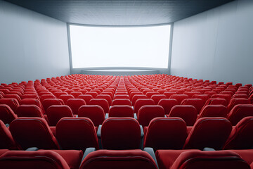 Fototapeta premium An empty movie theater auditorium with numerous red seats facing a large, curved, blank white screen. The architecture is modern