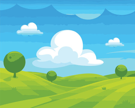 Vast green landscape with rolling hills under blue sky and fluffy clouds with round stylized trees.