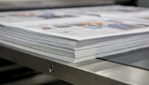 Local insert pages stacked and aligned on highspeed press table primary insert details clear and edges fading softly into background blur.