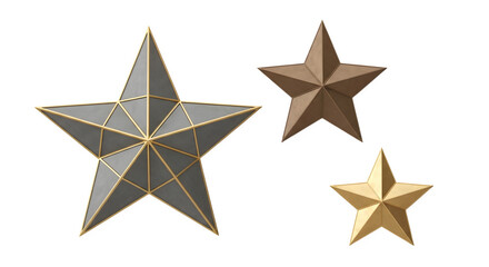 Obraz premium Three gold and brown stars with geometric patterns on transparent background