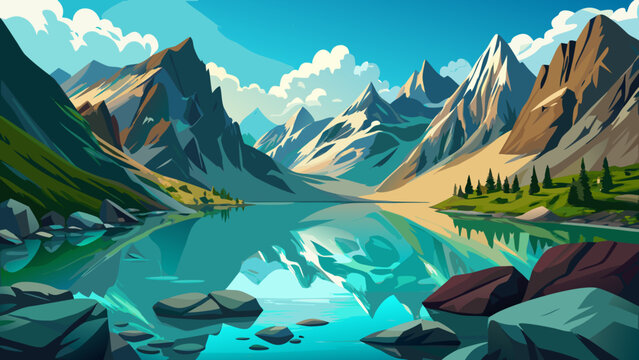 mountain landscape with lake and mountains
