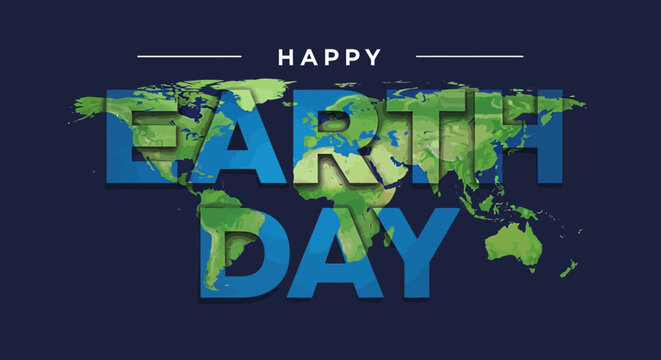 Happy Earth Day Typographic Poster with World Map Silhouette