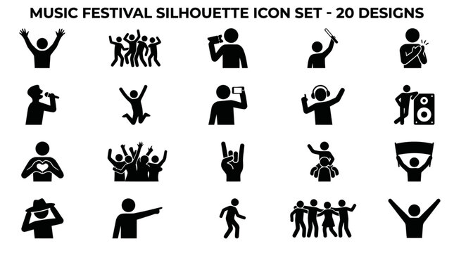 Black Silhouette Music Festival Crowd Icons, 20 Vector Concert Crowd Poses Set