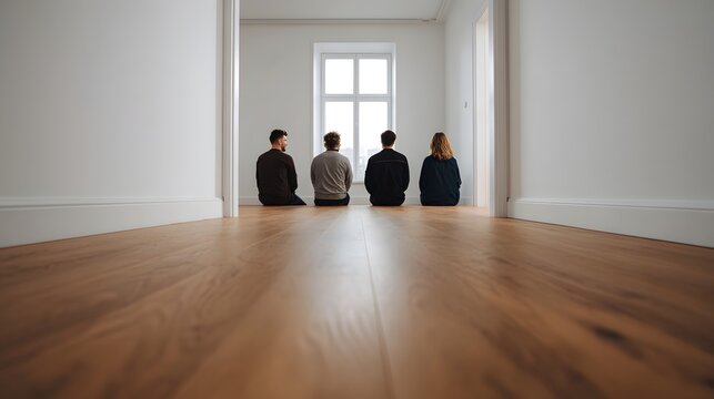Four people sit together in a bright minimalist room looking out a large window into the daylight