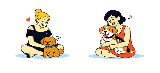 Fototapeta premium Woman sitting with her small dog. Minimal pet owner illustration isolated on white. Simple character scene showing a relaxed female owner beside her companion dog. Suitable for pet care.