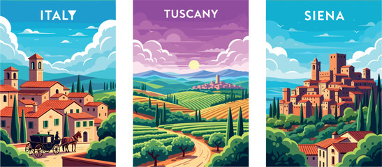 Obraz premium Illustration of Tuscany landscape Italy Siena travel poster