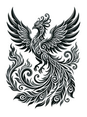 Fototapeta premium Monochrome phoenix emblem rising in swirling feather flames and silver tribal curls