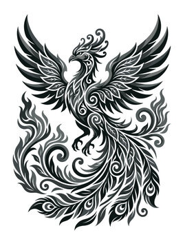 Monochrome phoenix emblem rising in swirling feather flames and silver tribal curls