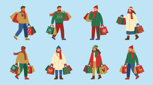 People Carrying Shopping Bags in Winter Clothing.
