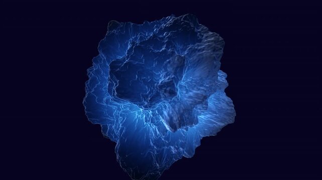 Glowing abstract blue energy sphere with rippling wave surface and electric lines, rotating in space on a dark background, futuristic technology animation