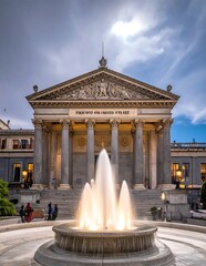 Neoclassical Historic Building Facade With Illuminated Stone Fountain At Twilight Under Dramatic Evening With Soft Clouds And Corinthian Columns