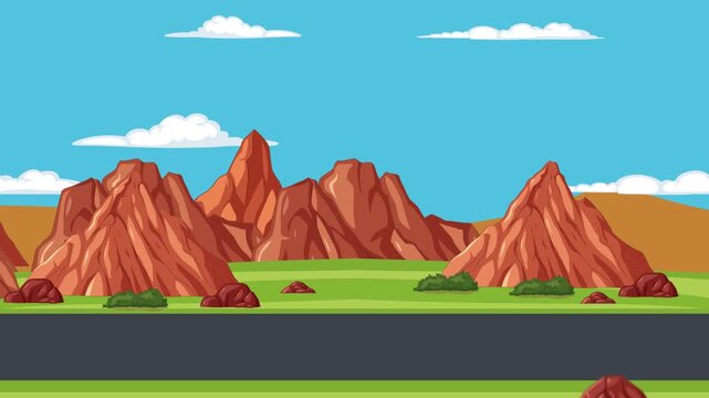 Cartoon landscape background with high red mountains and green grass field along paved road under blue sky in motion.