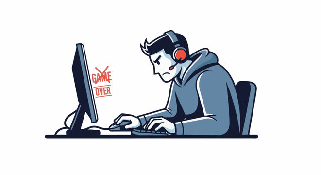 A frustrated gamer wearing headphones sits at a computer with a "Game Over" message displayed