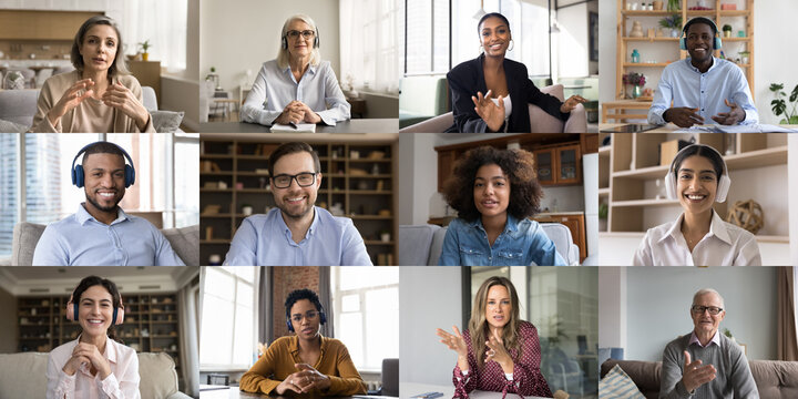 International virtual collaboration. Multiethnic team of diverse gender age business people from different countries communicate by group videocall united with remote work on project at online meeting