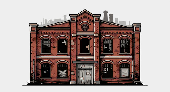 Abandoned brick industrial building with broken windows and boarded entrances