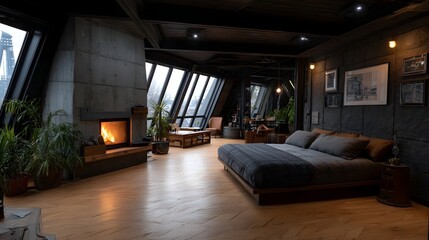 Naklejka premium Modern luxury bedroom featuring a panoramic window view combining industrial concrete elements with cozy natural warmth