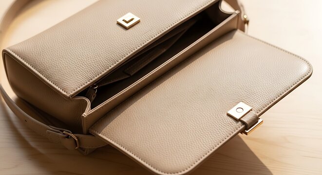 Elegant beige handbag with open flap and metallic clasp on a wooden surface