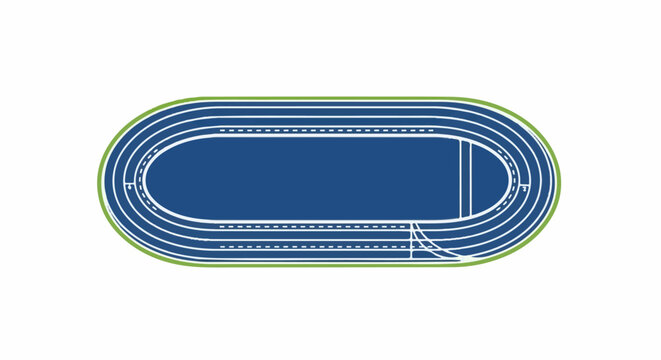 A blue and green athletic track with white lane markings on a white background