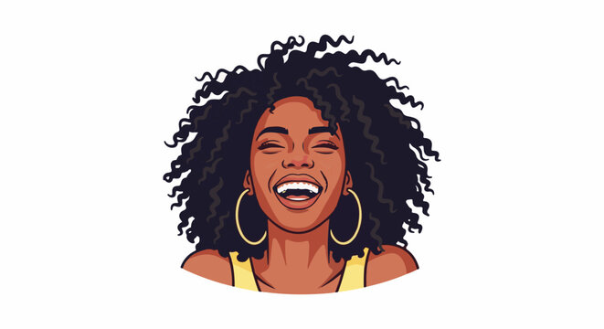 A cheerful woman with dark curly hair and a wide, happy smile, wearing hoop earrings and a yellow top