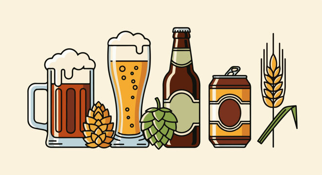 A still life of beer products, featuring mugs, glasses, bottles, and cans with hops and wheat